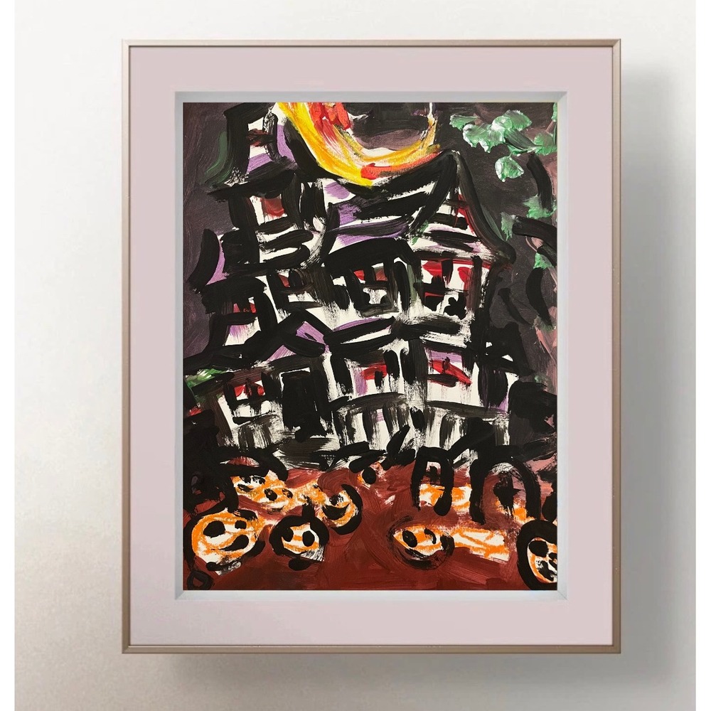 OMAN Original Abstract Haunted House Painting 9x12 Paper Halloween Art Spooky